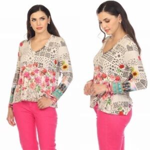 Johnny Was Mystery Print Floral Ladies V-Neck Boho Chic Top Multicolor Blouse M
